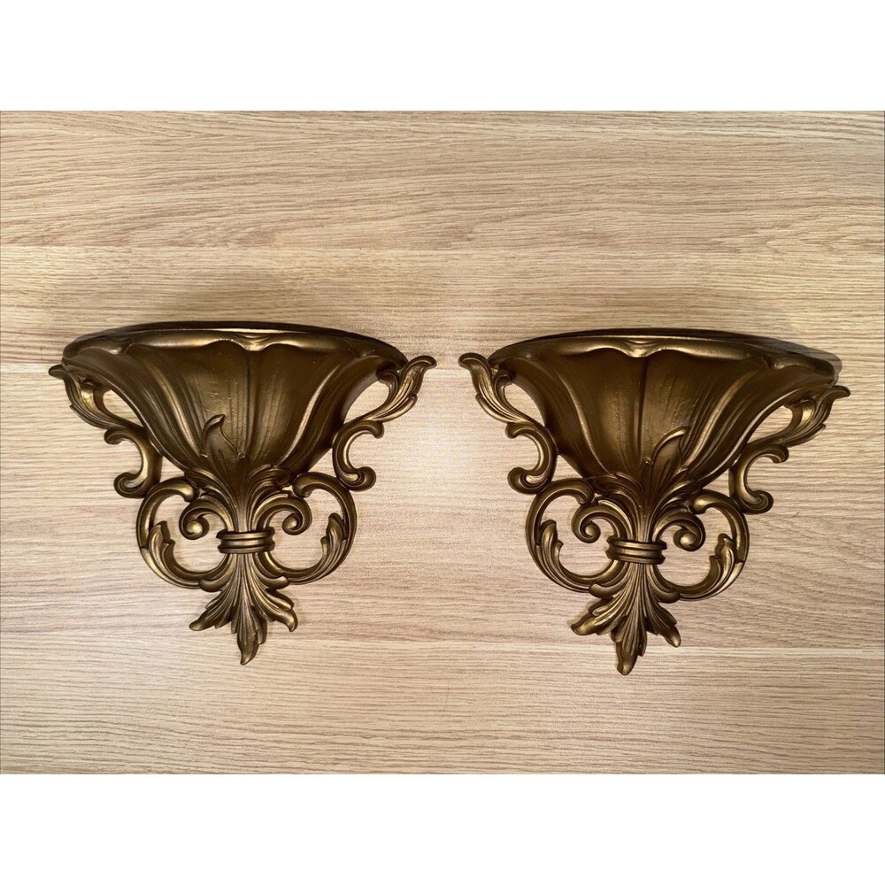 Vintage 1962 HOMCO Gold Wall Pockets/Sconces Set of 2 Hollywood Regency Made USA